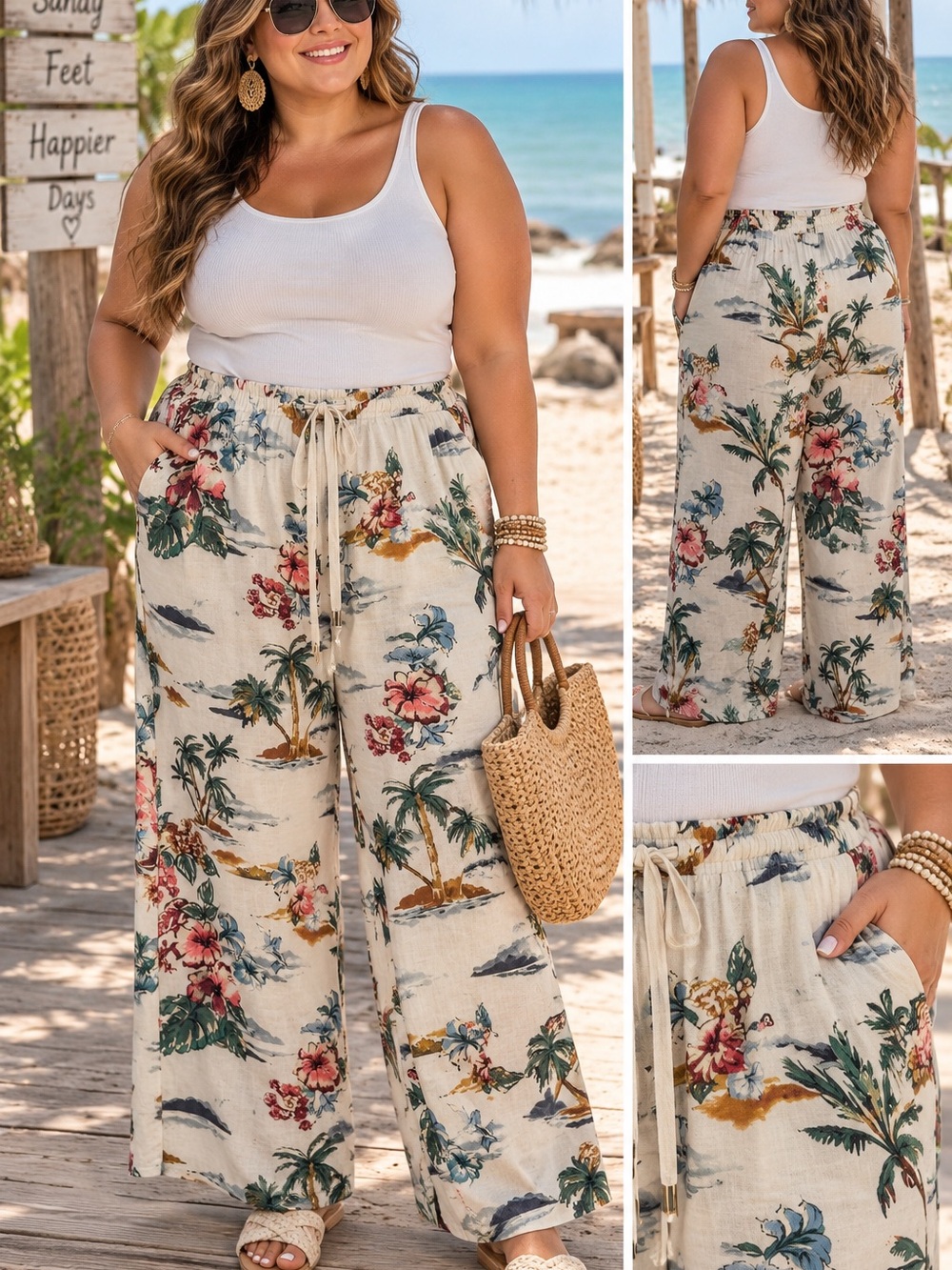 Time and Tru Cream Tropical Floral Wide Leg Pants
